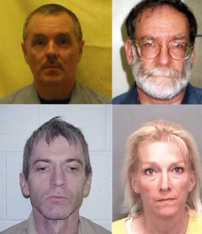 En haut, de gauche à droite&nbsp;: Donald Harvey, Harold Shipman. En bas, de gauche à droite&nbsp;: Charles Cullen, Kristen Gilbert.