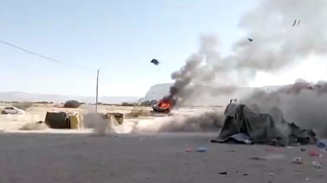 Image présumée des frappes aériennes saoudiennes contre des positions du Conseil de transition du Sud (STC), à Seyoun, au Yémen, le 2&nbsp;janvier&nbsp;2026.