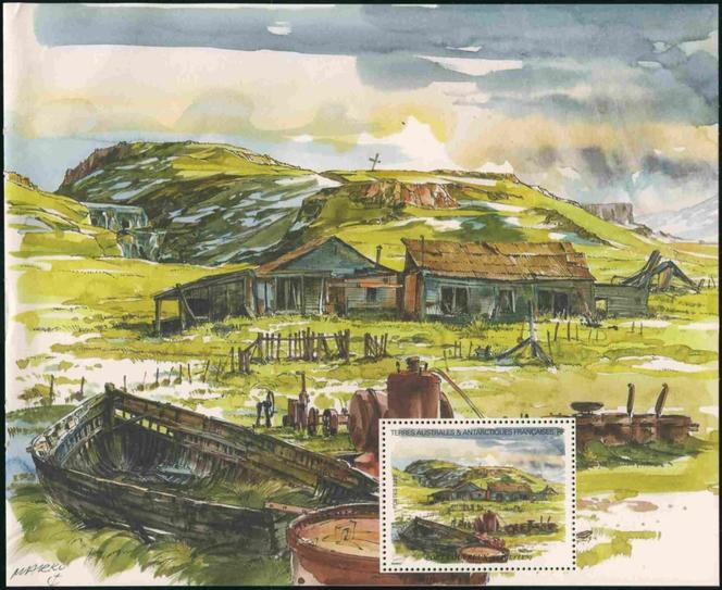 «&nbsp;Port-Couvreux&nbsp;», feuillet issu d’un carnet de voyage timbré paru en 1999. Oeuvre de Serge Marko.