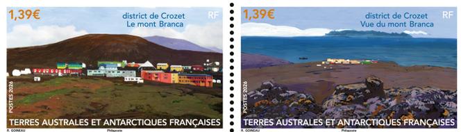  «&nbsp;Le mont Branca, district de Crozet&nbsp;», situé à 383&nbsp;mètres d’altitude, au-dessus de la base Alfred-Faure, sur l’île de La Possession, 1,39&nbsp;euro x 2.