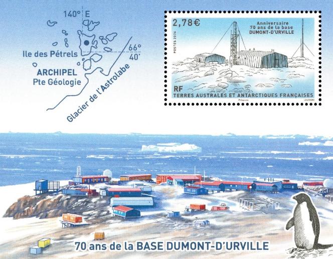 «&nbsp;Anniversaire. 70&nbsp;ans de la base Dumont-d’Urville&nbsp;», en Terre Adélie. Bloc-feuillet à 2,78&nbsp;euros.