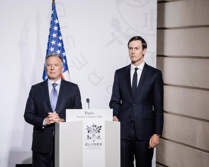 Les négociateurs américains, Steve Witkoff et Jared Kushner, lors du sommet de la coalition des volontaires, à l’Elysée, à Paris, le 6&nbsp;janvier 2026.