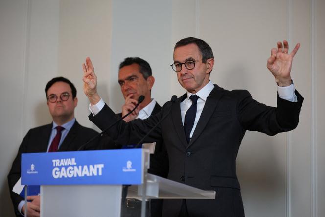 Bruno Retailleau, patron des Républicains, lors de la présentation de son programme «&nbsp;travail gagnant&nbsp;» au siège parisien du parti, le 7&nbsp;janvier 2026.