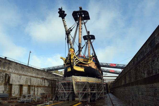 La frégate « Hermione » en cale sèche pour sa rénovation au port de Bayonne (Pyrénées-Atlantiques), le 7 février 2022.