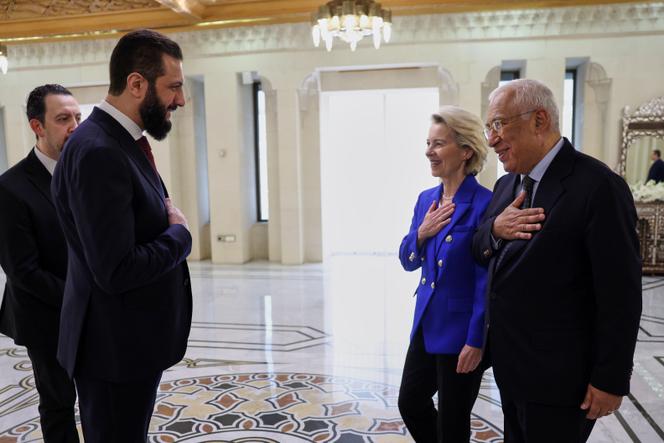 Le président syrien, Ahmad Al-Charaa, Ursula von der Leyen, présidente de la Commission européenne, et  António Costa, président du Conseil européen, à Damas, le 9 janvier, 2026. Photo fournie par la Commission européenne.