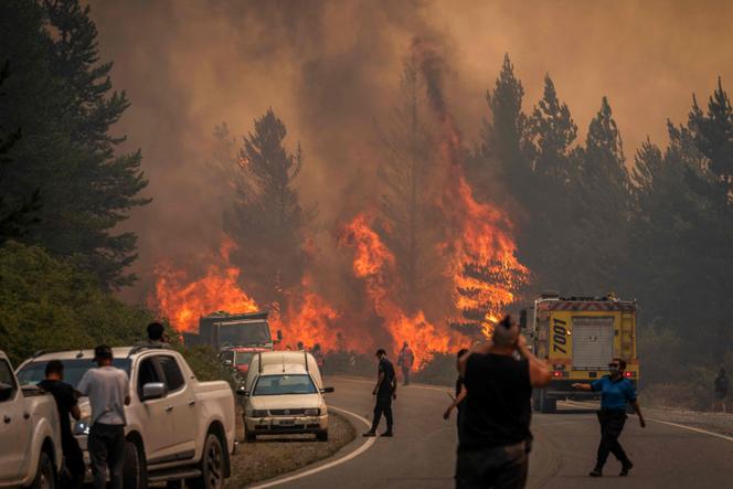 Les pompiers luttent contre les flammes pour éteindre un feu à Mount Pirque, à El Hoyo, dans la région patagonienne de la province de Chubut, en Argentine, le 10 janvier 2026. 