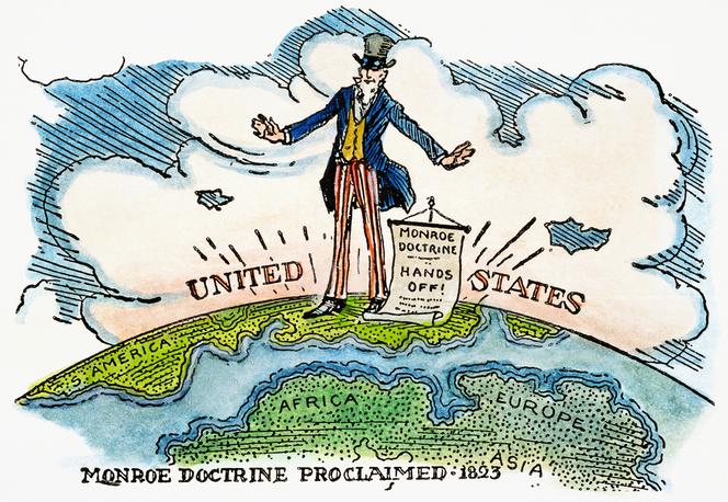 An American caricature depicting the Monroe Doctrine, proclaimed by President James Monroe in his address to Congress on December 2, 1823.