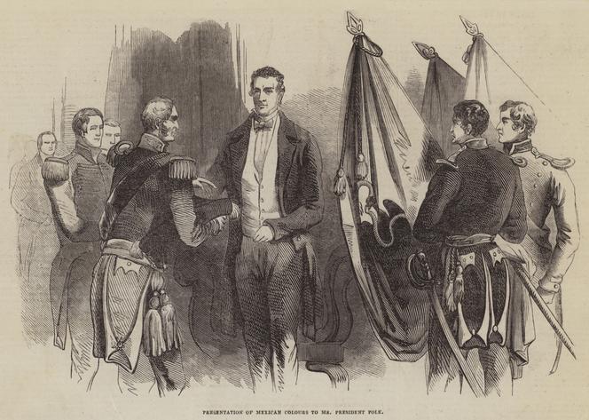 Présentation des couleurs mexicaines au président James Polk, illustration pour « The Pictorial Times », 22 août 1846.