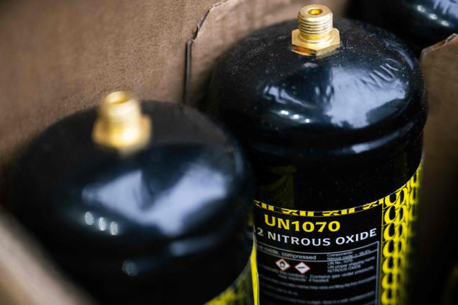 Nitrous oxide canisters, in Paris, January 15, 2026.