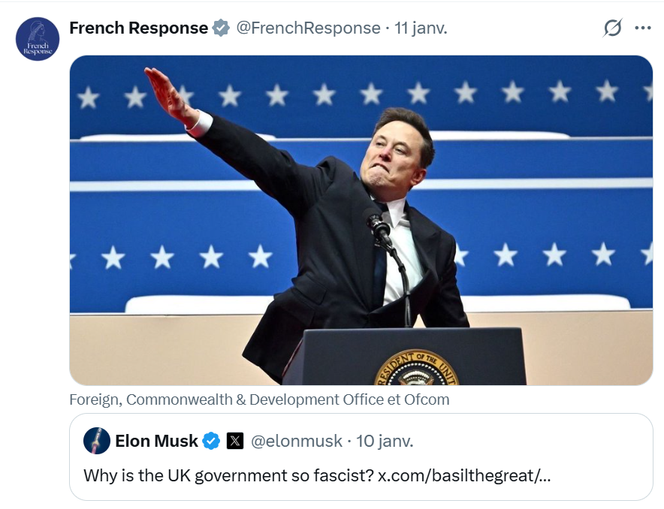 Le compte French Response cite un tweet provocateur d’Elon Musk en lui répondant par une photo de son salut lors de l’intronisation de Donald Trump en janvier 2025.