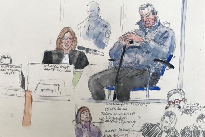 Croquis d’audience, réalisé au tribunal d’Avignon, le 25 novembre 2024, montre l’accusé Dominique Pelicot (en haut à droite) lors de son procès.