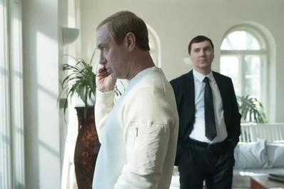 Jude Law (Vladimir Putin) and Paul Dano (Vadim Baranov) in 'The Wizard of the Kremlin,' directed by Olivier Assayas.