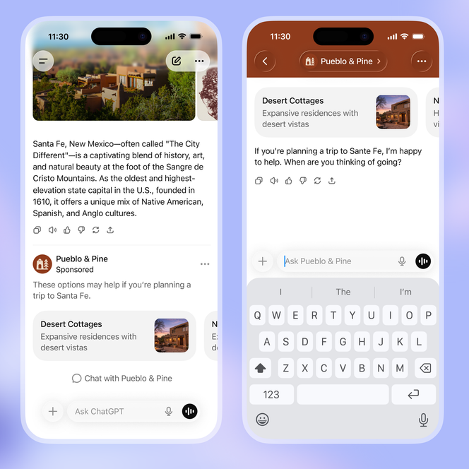 Exemple de publicité autour de Santa Fe qui s’affichera dans une réponse de ChatGPT.