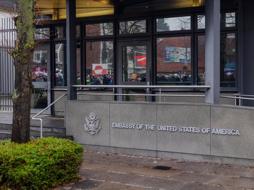 Devant l'ambassade des Etats-Unis de Copenhague, le 17 janvier 2026.