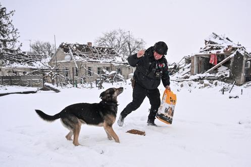 Un policier ukrainien nourrit un chien dans le village de Dolynka (Ukraine), le 16 janvier 2026.
