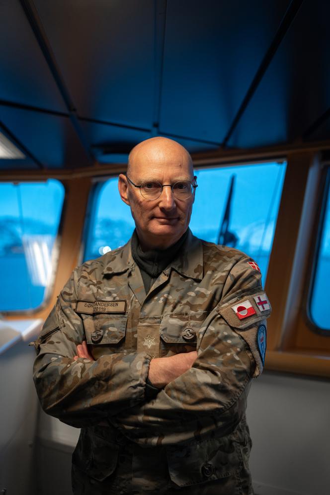 Le général major Soren Andersen, commandant en chef de l’Arctik Kommando, à bord du HDMS « Knud Rasmussen » (P570) de la marine royale danoise, à Nuuk, le 17 janvier 2026.