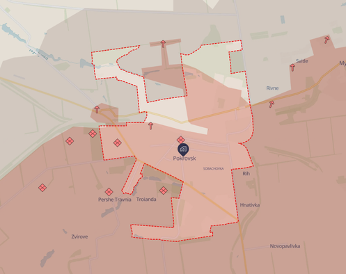 Capture d'écran de la carte de DeepState centrée sur Pokrovsk, dans l'oblast de Donetsk.