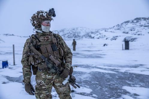 Une photo diffusée le 18 janvier 2025 par les forces de défense danoises montre des soldats danois lors d’un exercice de tir, au Groenland.
