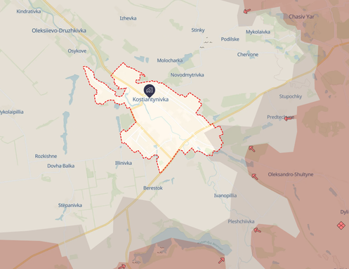 Capture d'écran de la carte de DeepState centrée sur Kostiantynivka, dans l'oblast de Donetsk.