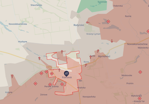 Capture d’écran de la carte de DeepState centrée sur Pokrovsk, dans l’oblast de Donetsk.