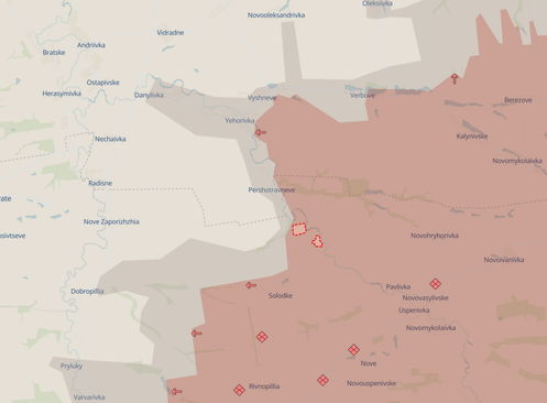 Capture d’écran de la carte de DeepState centrée sur Rybne, dans l’oblast de Zaporijia.