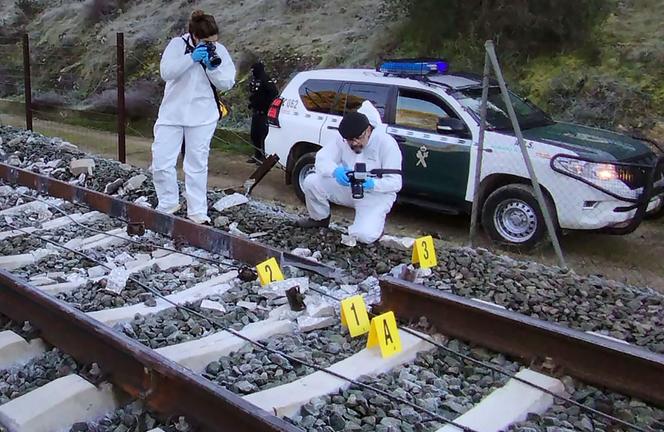 Cette photo prise et publiée le 19 janvier 2026 par la garde civile espagnole montre ses agents travaillant sur le site où un train à grande vitesse Iryo a déraillé et a percuté un autre train à Adamuz, dans le sud de l’Espagne. 