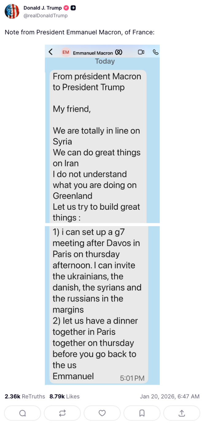 Screenshot of a message published on January 20, 2026 by Donald Trump on his social network Truth Social, revealing a private message from Emmanuel Macron.