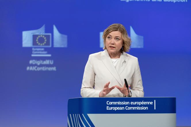 Henna Virkkunen, la commissaire européenne à la souveraineté technologique, à la sécurité et à la démocratie, à Bruxelles (Belgique), le 9 avril 2025.