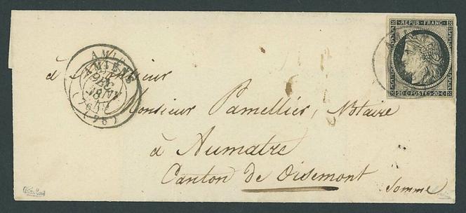 Estimation de 20 000 à 25 000 livres pour cette rarissime lettre revêtue du 20 centimes noir « Cérès », premier timbre de France, émis le 1er janvier 1849, mais ici oblitérée du 31 décembre 1848.
