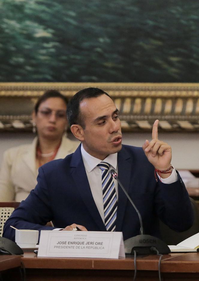 Peruvian President José Jeri testifies before a parliamentary committee about undisclosed meetings with a Chinese businessman, a matter that has intensified scrutiny of his government's transparency and accountability, in Lima, January 21, 2026.