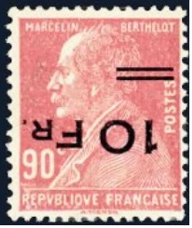 « Marcelin Berthelot » 90 centimes rouge surchargé 10 francs, surcharge renversée, 12 502 euros chez Boule.