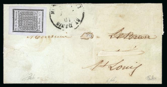 La Réunion, 1852, 30 centimes noir sur azuré (type II) neuf sur lettre, avec, à côté, cachet à date de Saint-Denis, 12 000 euros sous le marteau (18 750 euros avec les frais).