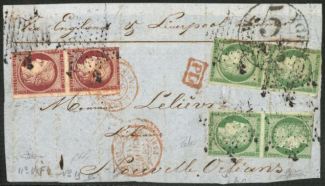 Prix de départ de 160 000 euros pour devant de lettre pour La Nouvelle-Orléans avec un affranchissement composé d’une paire du 1 franc carmin et de deux paires (dont un tête-bêche) du 15 centimes vert au type « Cérès » (1849).