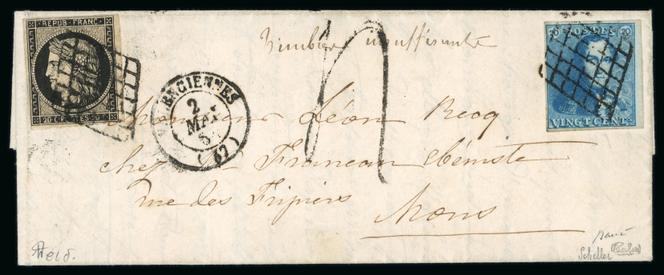 Lettre avec un affranchissement mixte, timbre de la première émission de France-timbre de Belgique, au départ de Valenciennes le 2 mai 1850, arrivée à Mons le même jour, 48 000 euros sous le marteau (frais en sus).