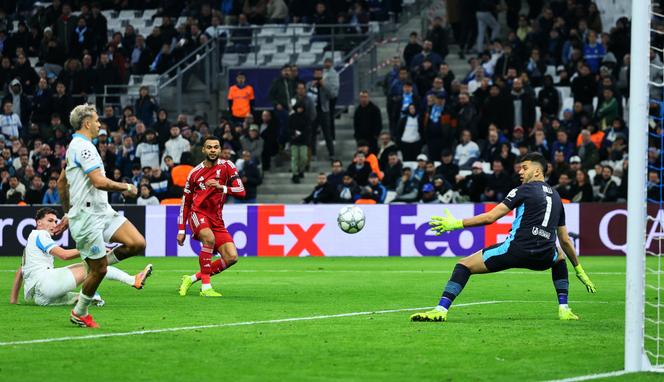 But de Cody Gakpo, joueur de Liverpool, lors du match contre l’Olympique de Marseille, au Stade-Vélodrome, à Marseille, le 21 janvier 2026.