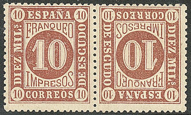 Espagne (1867), 10 c bistre, paire tête-bêche neuve sans gomme, 7 500 euros.