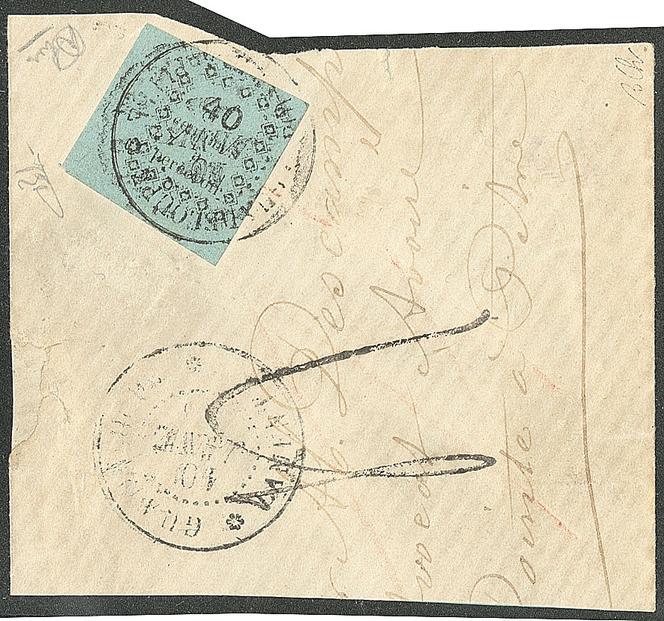 Guadeloupe, timbre-taxe 40 centimes noir sur bleu, oblitéré du cachet à date du Lamentin du 10 janvier 1878, sur fragment de lettre pour Pointe-à-Pitre, prix de départ 18 000 euros.