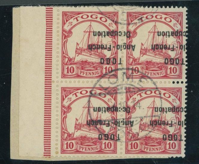 Togo, bloc de quatre du 10 pf. rouge surcharge renversée, cachet à date de Lomé du 4 octobre 1914, prix de départ 3 000 livres.