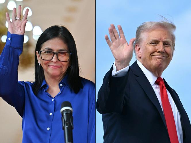 Venezuela's interim President Delcy Rodriguez waves after a press conference on January 14, 2026, and US President Donald Trump waves as he boards Air Force One on September 11, 2025.