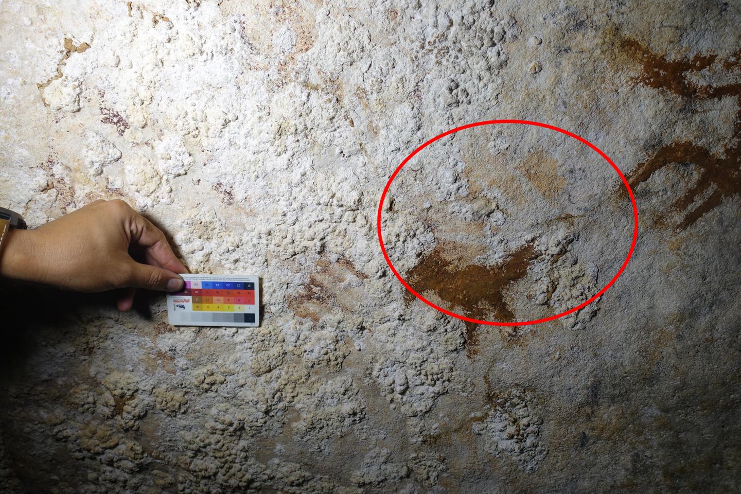 A stenciled hand, the oldest known prehistoric cave painting, discovered in Indonesia