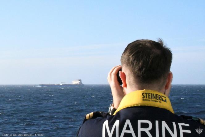 A photo released on January 22, 2026, said to show the intervention of the French Navy on the high seas, in the Alboran Sea, on the cargo tanker Grink.