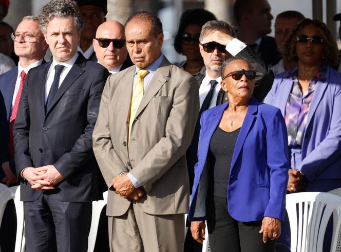 Léon Bertrand (au centre), en compagnie de Christophe Béchu et Christiane Taubira, à Cayenne (Guyane), le 25 mars 2024.