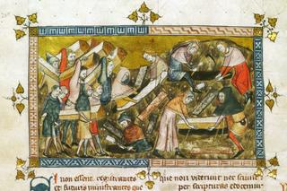 Enterrement de victimes de la peste noire à Tournai (Belgique), dans les « Chroniques et Annales » de Gilles Le Muisit (1272-1352), illustration de Pierart dou Tielt (probablement), Bibliothèque royale de Belgique.