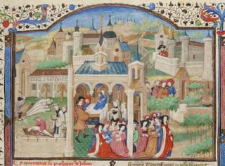 Reproduction d’une miniature sur vélin illustrant la peste noire à Florence, en Italie, dans le « Décaméron » (XIVᵉ siècle) de Giovanni Boccace. Dans cette enluminure, l’artiste a choisi de dépeindre un cimetière organisé en ossuaire (à gauche) où sont enterrés les pestiférés.