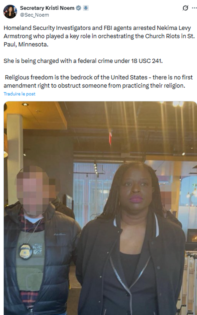 Image non retouchée de l’avocate Nekima Levy Armstrong, publiée sur le compte de la secrétaire à la sécurité intérieure, Kristi Noem, le 22 janvier 2026.
