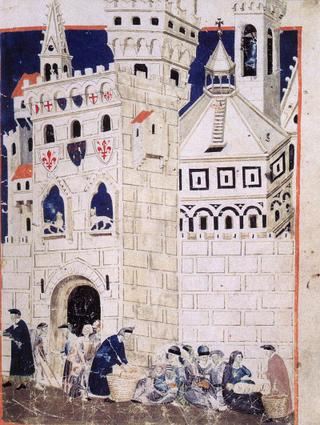 Miniature représentant des pauvres de Sienne accueillis par la ville de Florence alors que la famine fait rage. Artiste inconnu, actif entre 1325 et 1350. Livre du Biadaiolo, env. 1335 -1340.