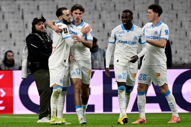 Les joueurs de l’Olympique de Marseille lors de leur victoire en Ligue 1&nbsp;contre le RC Lens au stade Vélodrome, le 24&nbsp;janvier 2026.