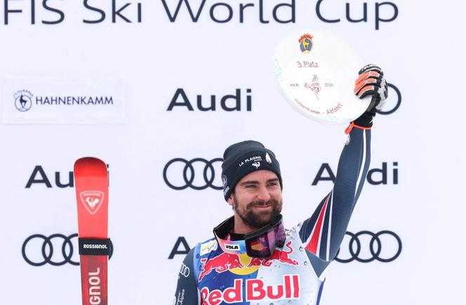 Maxence Muzaton après sa 3e place sur la descente de Kitzbühel (Autriche), le 24 janvier 2026.