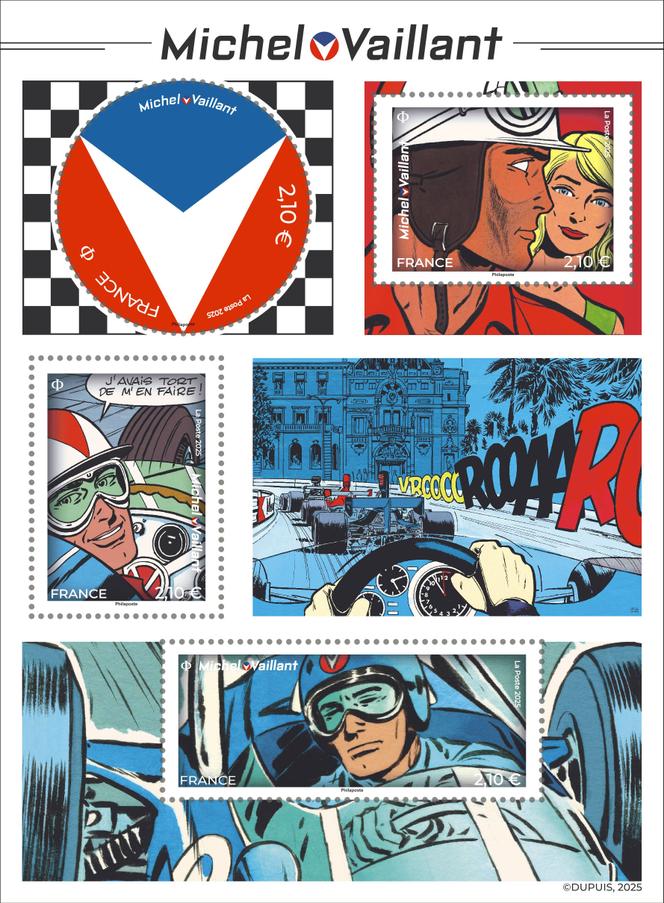 Bloc-feuillet émis le 22 septembre 2025 vendu 8,40 euros. Mise en page Agence Arobace d’après une création deJean Graton © Dupuis, 2025. Tirage : 330 000 exemplaires.