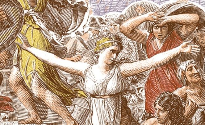 Détail du timbre « Les Sabines », mis en vente générale le 10 novembre 2025. Création de Sarah Bougault d’après l’oeuvre de Jacques-Louis David, gravure de Pierre Albuisson. Impression en taille-douce. Tirage : 448 200 exemplaires.